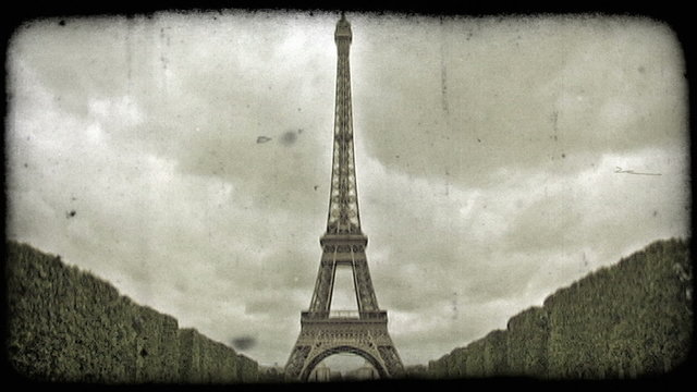 Front Eiffel Tower. Vintage stylized video clip.