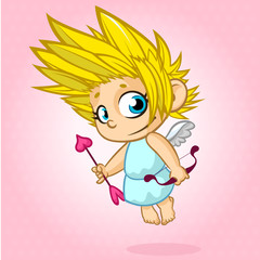 Funny cupid with bow and arrow. Illustration of a Valentine's Day. Vector. Isolated on rose background