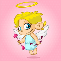 Funny cupid with bow and arrow. Illustration of a Valentine's Day. Vector. Isolated on rose background
