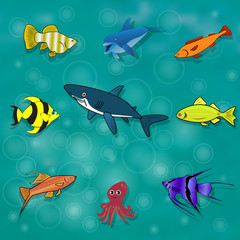 Set of sea and ocean fishes. Cartoon vector illustration.