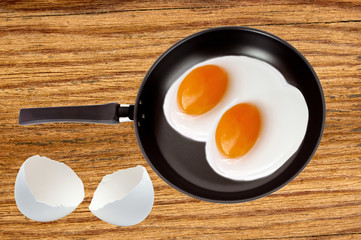 Two fried eggs on a pan on wooden table background