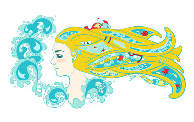 The profile portrait of young beautiful long-haired and cute mermaid girl, surrounded by the sea waves, foam, shells and corals. Vector Image. The colorized image in shades of yellow and blue.