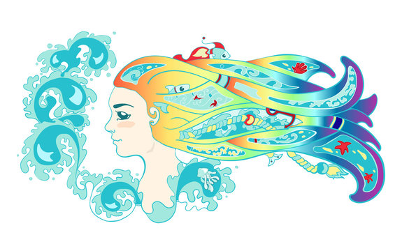 The profile portrait of young beautiful long-haired and cute mermaid girl, surrounded by the sea waves, foam, shells and corals. Vector Image. The colorized image in shades of rainbow.