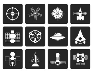 Black different kinds of future spacecraft icons - vector icon set