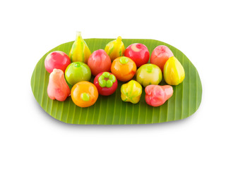 Deletable imitation fruits thai dessert on the white background