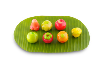 Deletable imitation fruits thai dessert on the white background