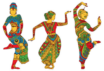 Three silhouettes of dancing women painted in the style of mehendi - 99918533