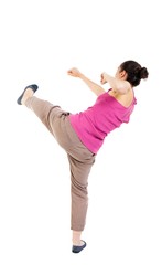 skinny woman funny fights waving his arms and legs.