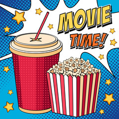 Comic illustration with popcorn box and cola in pop art style