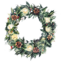 Winter wreath with needles, lights and pine cones. Original watercolor decoration.