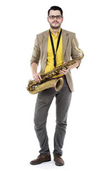 saxophone player in yellow t-shirt and bowtie . guy playing the