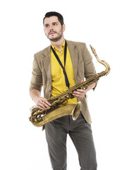 man saxophonist playing saxophone player in studio isolated on w