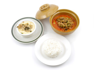 Thai steamed eggs pork chop with pork curry rice set .