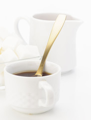 muffins, coffee and sugar, breakfast on white background
