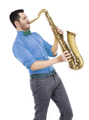 Fototapeta premium man saxophonist playing saxophone player in studio isolated on w