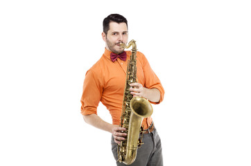 saxophone player in bright blue shirt with bowtie, isolated on white background. stylish man musician look into camera. musical teacher