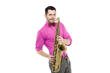 Fototapeta premium saxophone player in bright blue shirt with bowtie, isolated on white background. stylish man musician look into camera. musical teacher