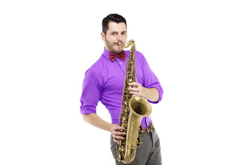 Fototapeta na wymiar saxophone player in bright blue shirt with bowtie, isolated on white background. stylish man musician look into camera. musical teacher