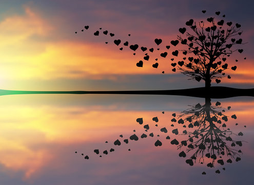 Abstract Tree Made With Hearts. Water Reflection Landscape. Vector illustration