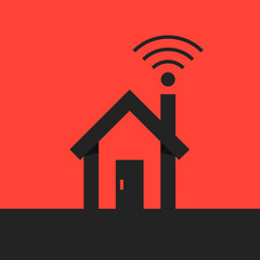 black smart house with wifi icon on red background