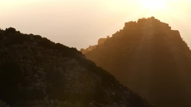 Royalty Free Stock Video Footage of a hazy Nimrod Fortress shot in Israel at 4k with Red.