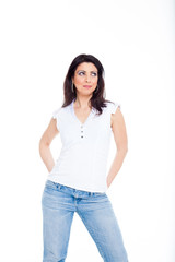 Woman in jeans and white t-shirt