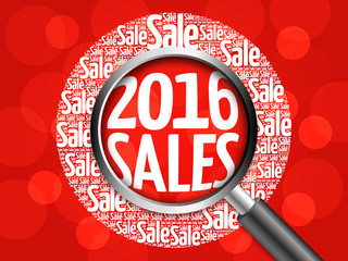 2016 SALES word cloud with magnifying glass, business concept