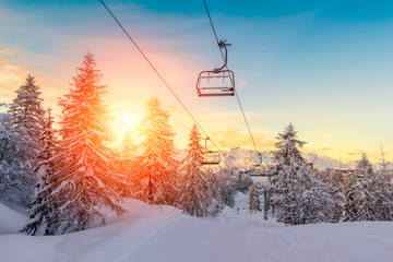 Sunset in winter landscape  in mountains Julian Alps - obrazy, fototapety, plakaty