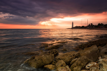 Beacon on the cape Chersonese in Sevastopol on a sunset
