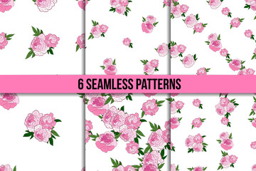 Seamless pattern set with pink peonies