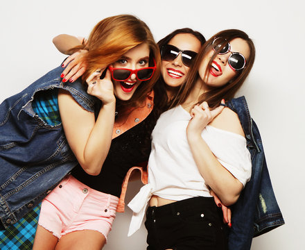 three stylish sexy hipster girls best friends