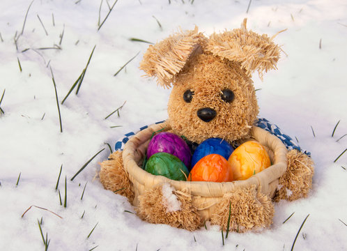 Osterkarte: Osterhase im Schnee mit Ostereiern
