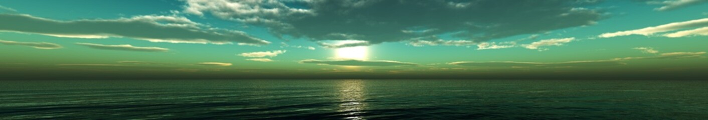 panoramic sunset over the sea, the sun in the clouds.