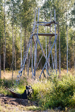 A typical classic wooden deer stand in northern Sweden. It is really a moose stand since moose is generally what’s being hunted here. 
