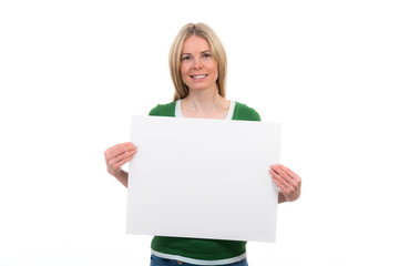 Fototapeta premium frau mit anzeigentafel