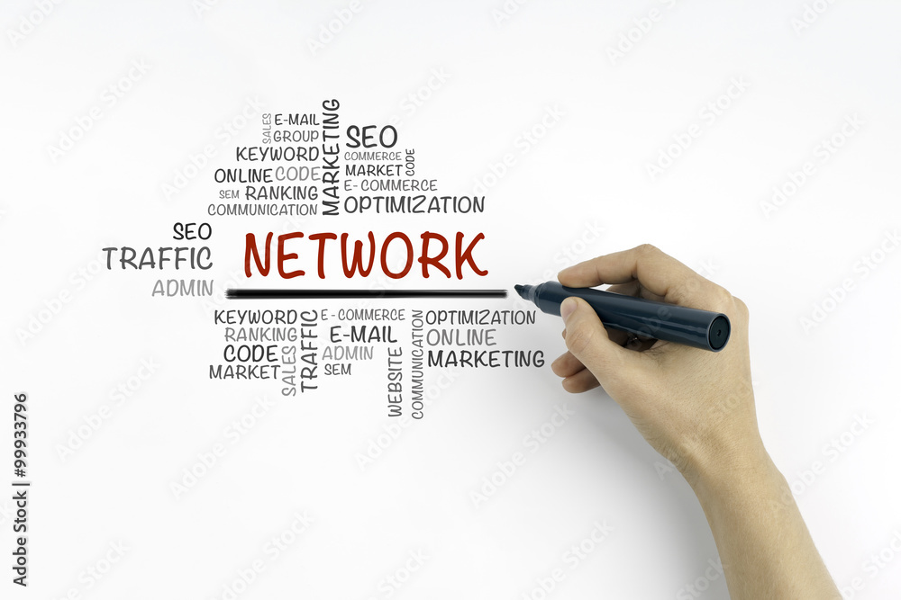 Canvas Prints hand with marker writing network word cloud, business concept.
