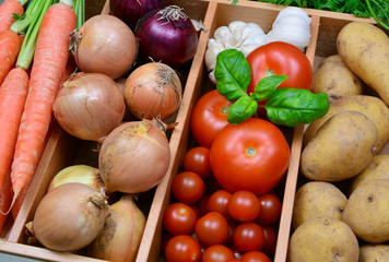 Carrots,onion,red onion,garlic,tomatoes,potatoes and basil leaf.
a lot of colorful vegetable in the kitchen.