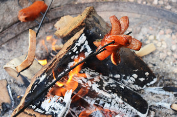 sausage on the camping fire