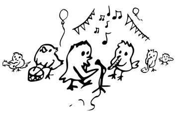 Tapeten Zwart wit lijntekening cartoon vogels vieren feest © emieldelange