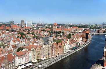 Fototapeta na wymiar Gdansk old city in Poland with the oldest medieval port crane (Zuraw) in Europe. Aerial view.