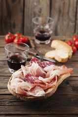 Plate with ham, bacon, salami and bread