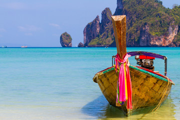 Long boat and tropical beach, Andaman Sea,Phi Phi Islands