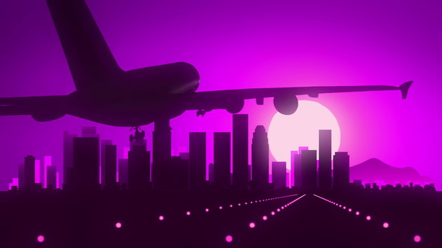 Los Angeles Hollywood California Tourism Airplane Monument Travel Journey Skyline Voyage Sunset Sightseeing Silhouette Background Violet Purple Romantic Very usefull for commercial film 