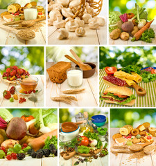 mix of different foods: vegetables, fruits, sandwiches, milk, cake and other ingredients close-up