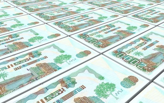 Algerian dinar bills stacks background. Computer generated 3D photo rendering.