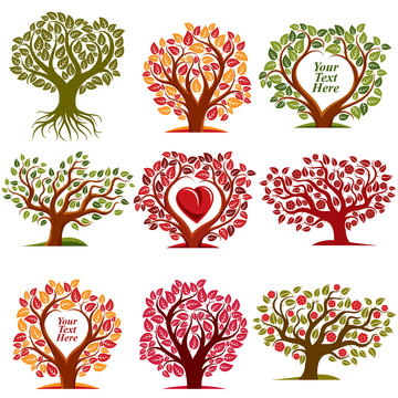 Vector art drawn trees with beautiful blossom and red heart. 