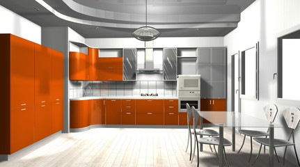 kitchen interior orange color 3D rendering illustration