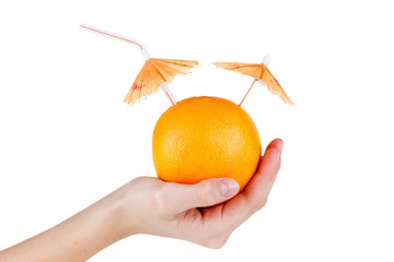 Concept orange fruit juice with umbrella isolated on white