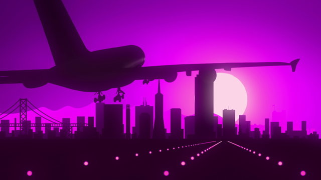 San Francisco USA America California Sutro Tower Mount Davidson Tourism Airplane Travel Skyline Voyage Sunset Sightseeing Silhouette Background Pink Violet Purple Romantic Usefull for commercial 