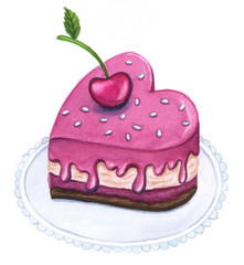 Watercolor Illustration of heart shaped dessert. Hand drawn cherry pie isolated on white background.